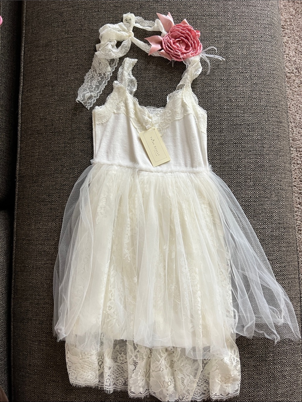Trish Scully girl Ivory Lace Tulle Dress with Floral Headband size 6 new